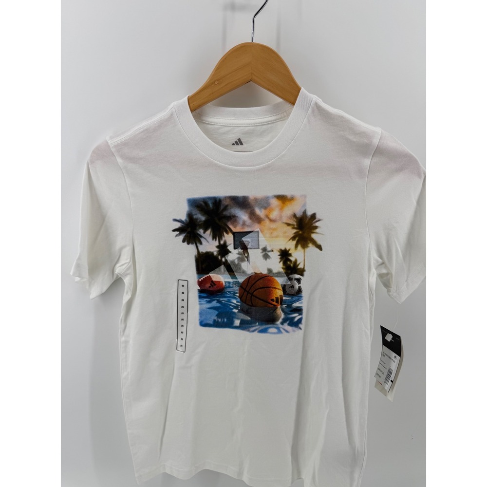 Adidas Kids White Palm Tree‎ Basketball Graphic Tee TShirt Size M 10 12